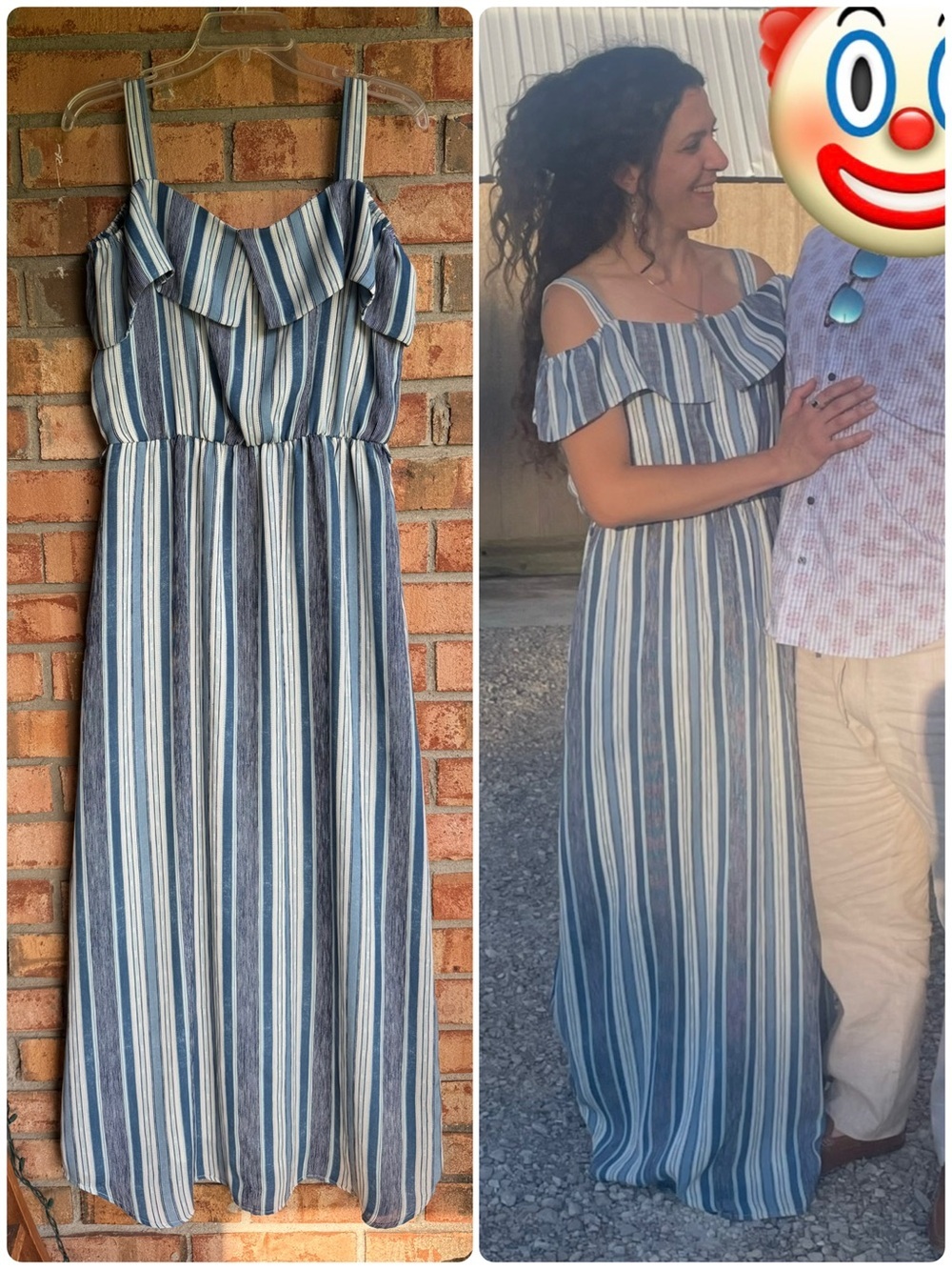 Luxology Blue and White Striped Cold Shoulder Maxi Dress with Pockets Medium